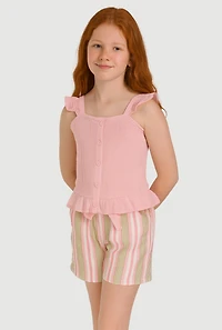 Girls Smocked Peplum Top and Striped Shorts, Pink, Size 10-12