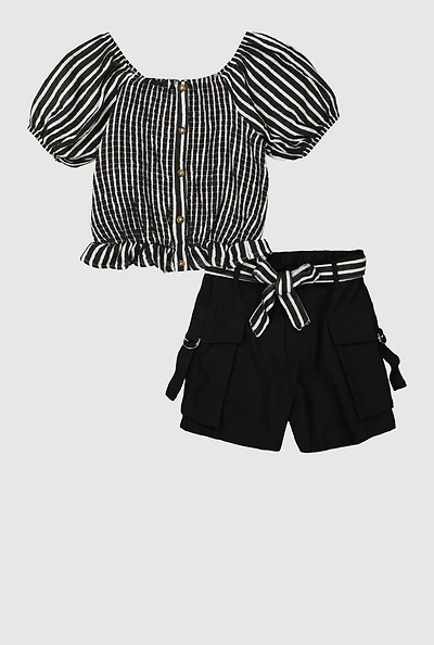 Girls Striped Smocked Top and Cargo Shorts