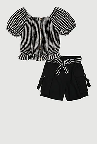 Girls Striped Smocked Top and Cargo Shorts