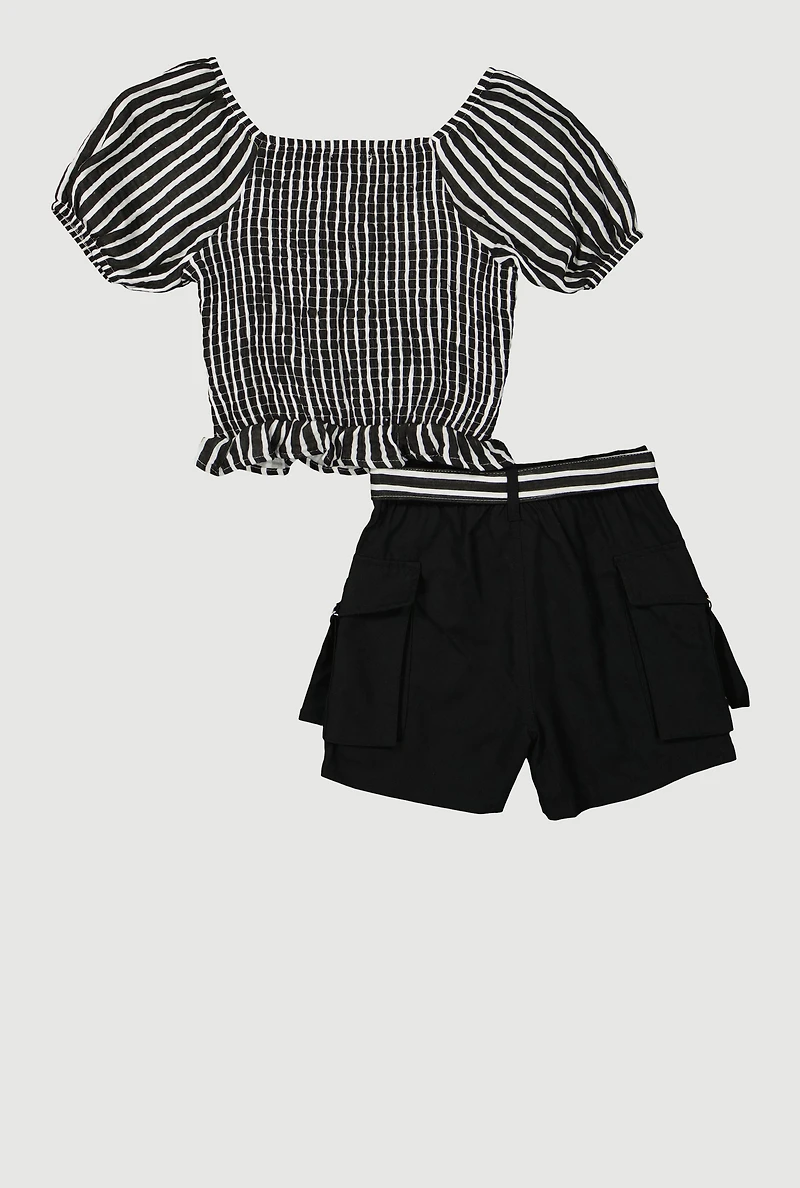 Girls Striped Smocked Top and Cargo Shorts
