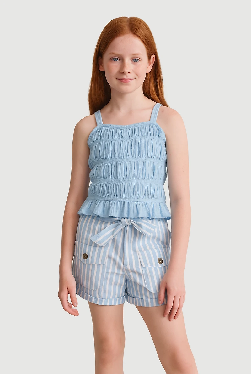 Girls Smocked Cami and Tie Waist Belted Striped Shorts, Blue, Size 7-8