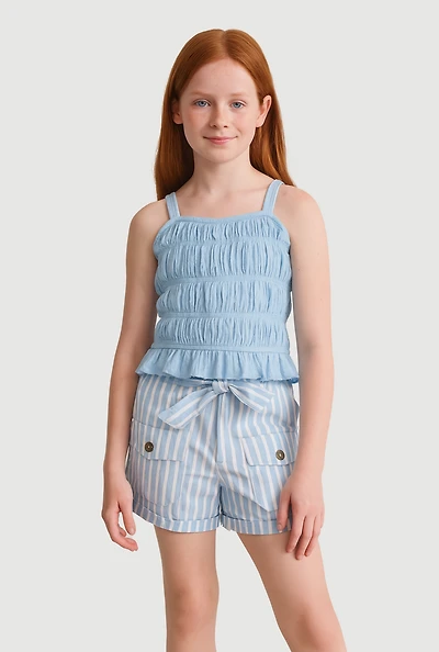 Girls Smocked Cami and Tie Waist Belted Striped Shorts, Blue, Size 7-8