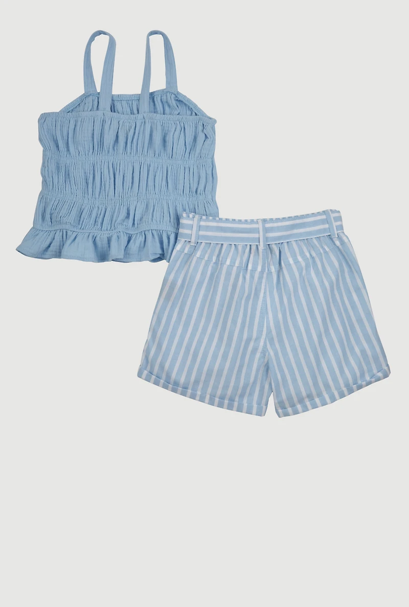 Girls Smocked Cami and Tie Waist Belted Striped Shorts, Blue, Size 10-12