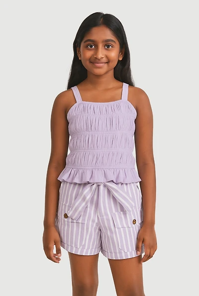 Girls Smocked Cami and Tie Waist Belted Striped Shorts, Purple, Size 14-16