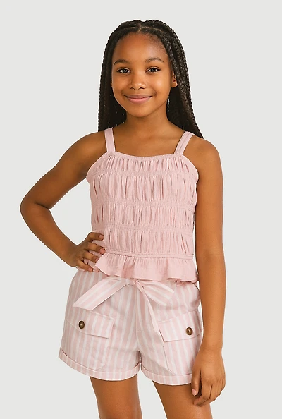 Girls Smocked Cami and Tie Waist Belted Striped Shorts, Pink, Size 10-12