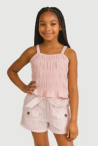 Girls Smocked Cami and Tie Waist Belted Striped Shorts