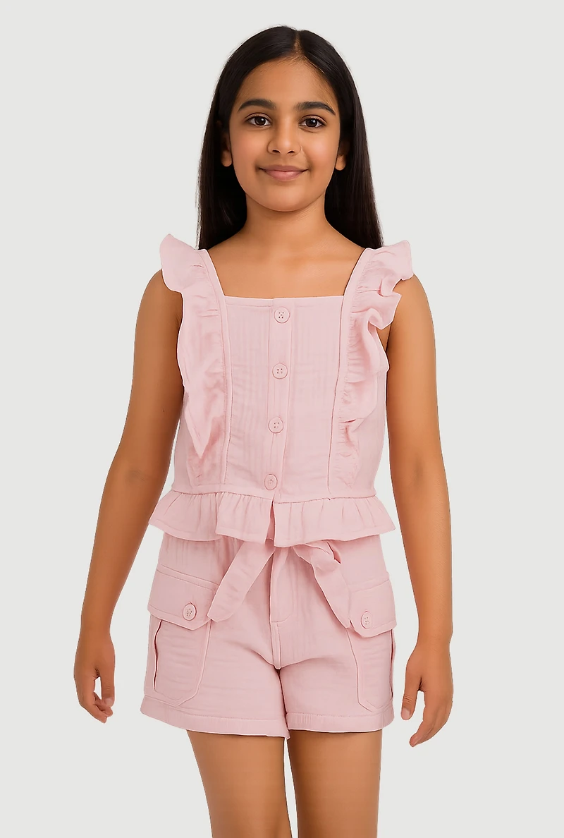 Girls Sleeveless Ruffle Button Front Top and Shorts, Pink, Size 10-12