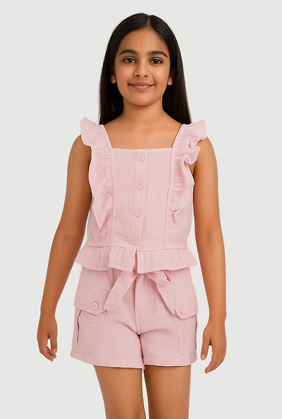 Girls Sleeveless Ruffle Button Front Top and Shorts, Pink, Size 10-12
