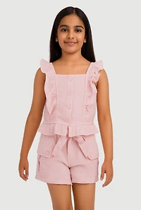 Girls Sleeveless Ruffle Button Front Top and Shorts, Pink, Size 10-12