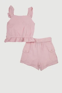 Girls Sleeveless Ruffle Button Front Top and Shorts, Pink, Size 10-12