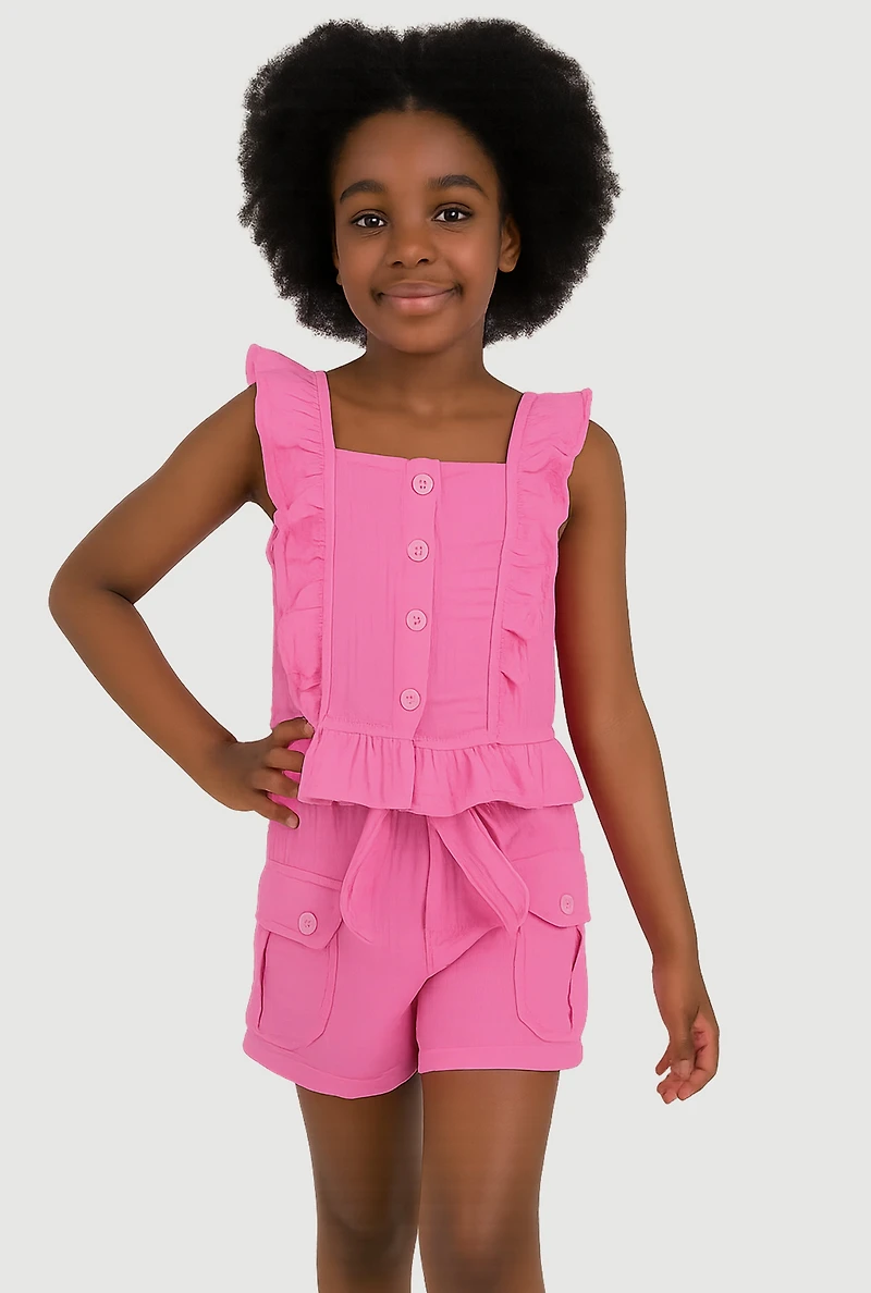 Girls Sleeveless Ruffle Button Front Top and Shorts
