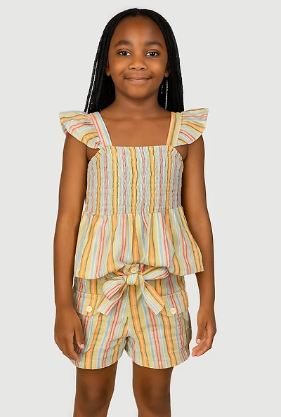 Girls Striped Smocked Peplum Top and Cargo Shorts, Multi, Size 14-16
