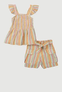 Girls Striped Smocked Peplum Top and Cargo Shorts, Multi, Size 14-16