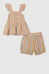 Girls Striped Smocked Peplum Top and Cargo Shorts, Multi, Size 14-16