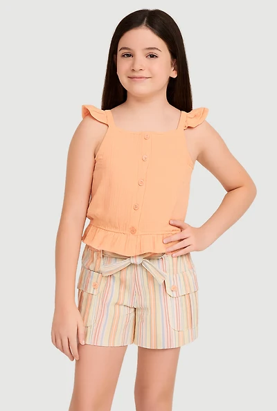 Girls Gauze Knit Sleeveless Top and Stripe Shorts
