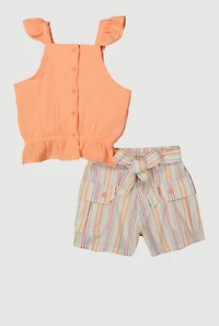 Girls Gauze Knit Sleeveless Top and Stripe Shorts, Orange, Size 10-12