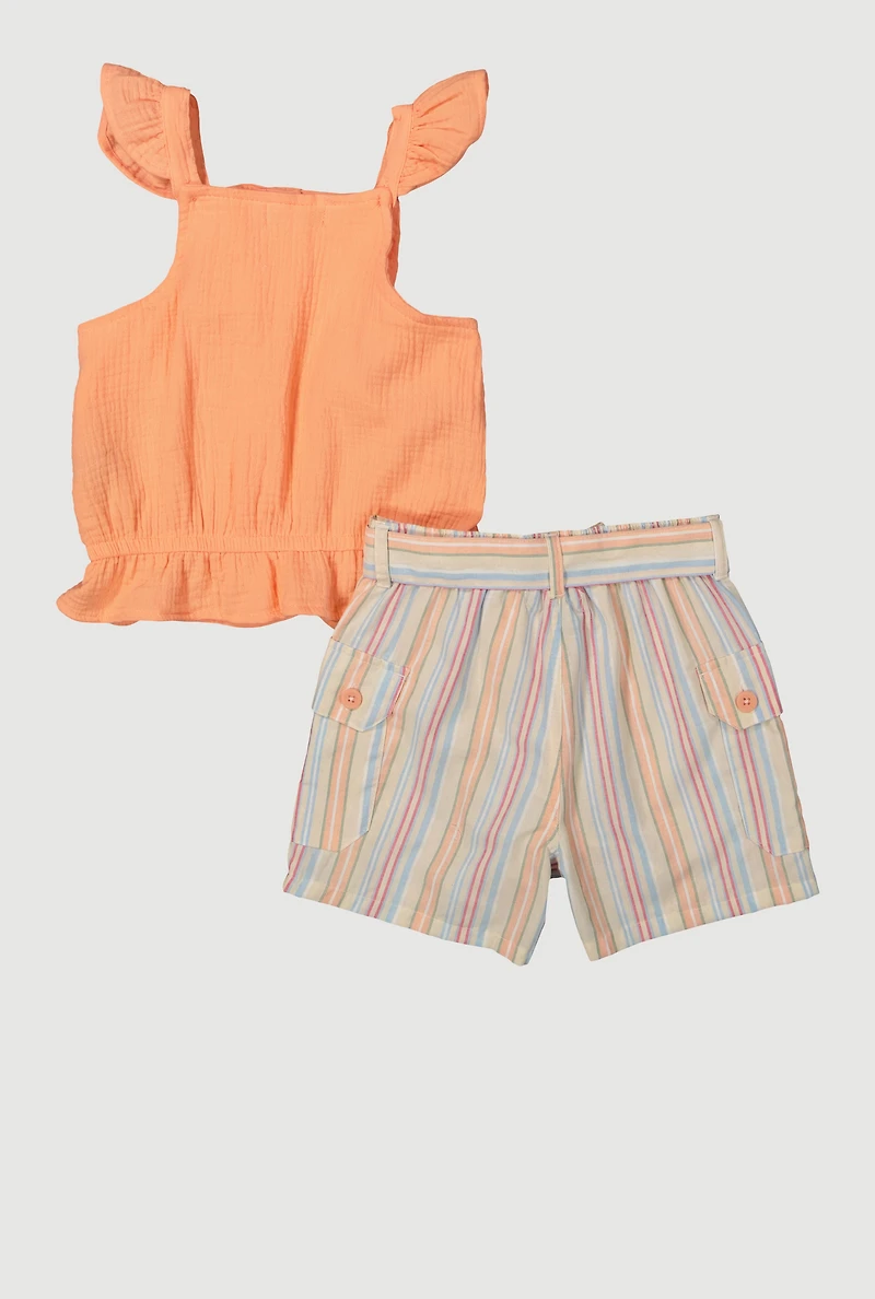 Girls Gauze Knit Sleeveless Top and Stripe Shorts, Orange, Size 10-12