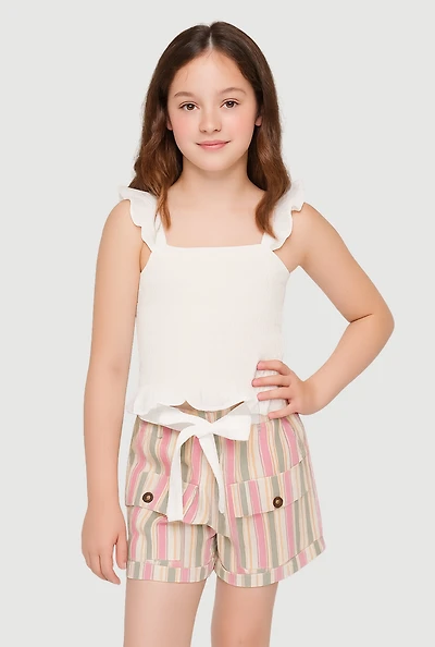 Girls Gauze Knit Smocked Top and Striped Shorts, Multi, Size 10-12