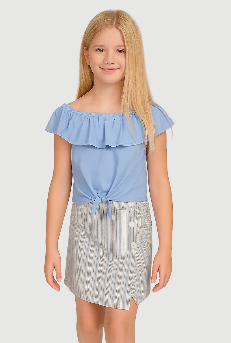 Girls Ruffle Overlay Tie Front Top and Stripe Skort, Blue,