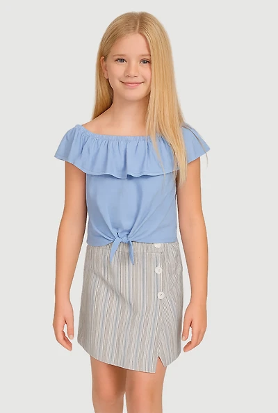 Girls Ruffle Overlay Tie Front Top and Stripe Skort, Blue,