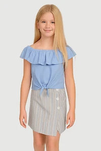 Girls Ruffle Overlay Tie Front Top and Stripe Skort, Blue,