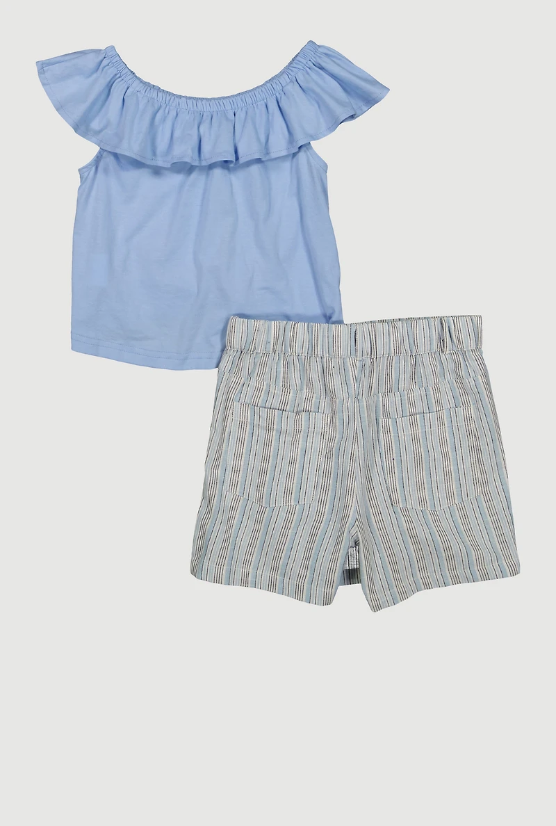 Girls Ruffle Overlay Tie Front Top and Stripe Skort, Blue,