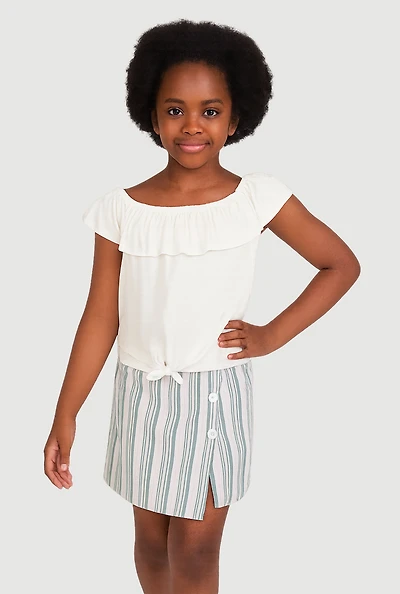 Girls Ruffle Overlay Tie Front Top and Stripe Skort, Multi, Size 10-12
