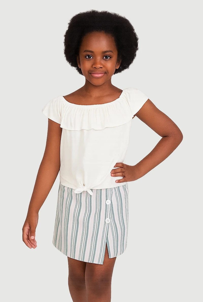 Girls Ruffle Overlay Tie Front Top and Stripe Skort