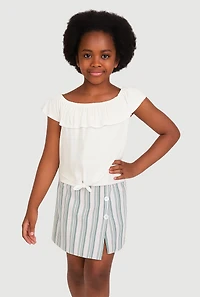 Girls Ruffle Overlay Tie Front Top and Stripe Skort
