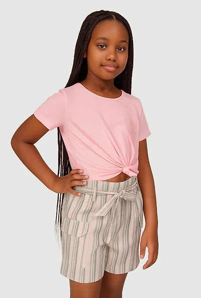 Girls Heart Knot Front Tee and Striped Cargo Shorts