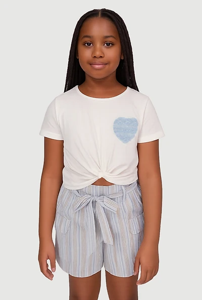 Girls Heart Knot Front Tee and Striped Cargo Shorts, Blue, Size 10-12