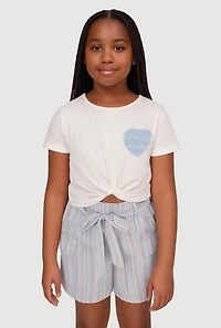 Girls Heart Knot Front Tee and Striped Cargo Shorts, Blue, Size 10-12