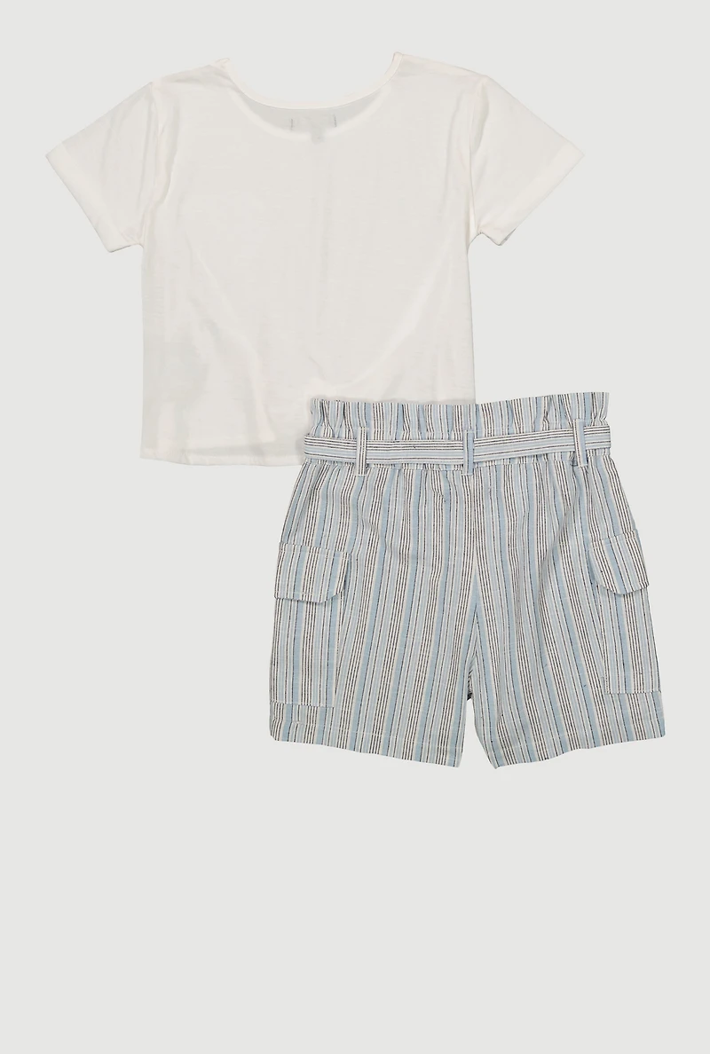 Girls Heart Knot Front Tee and Striped Cargo Shorts, Blue, Size 10-12