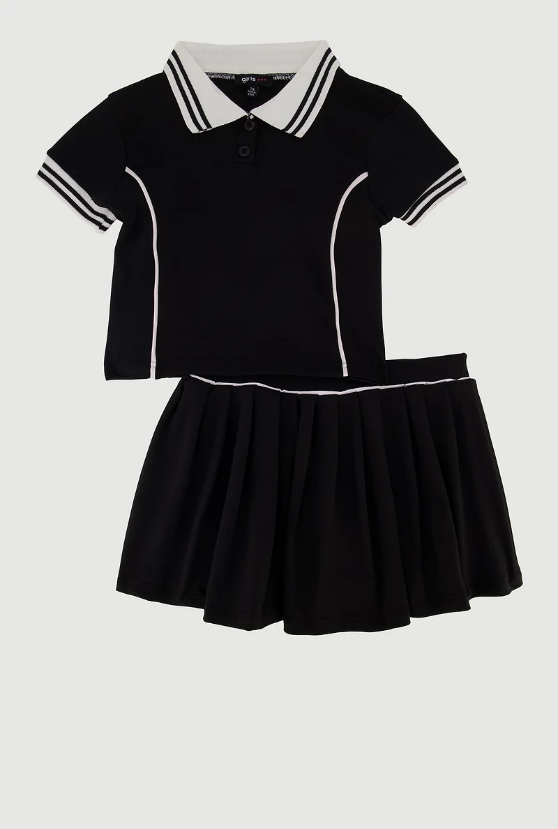 Girls Contrast Trim Active Polo Top and Pleated Skort