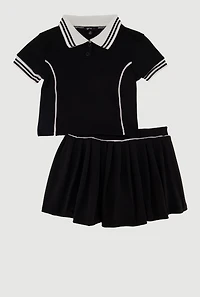 Girls Contrast Trim Active Polo Top and Pleated Skort