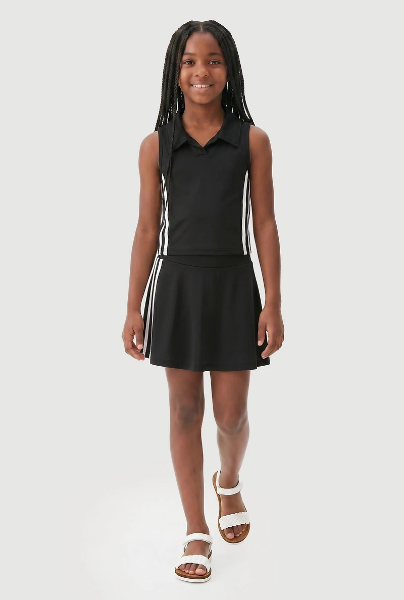 Girls Varsity Stripe Sleeveless Polo Top and Skirt