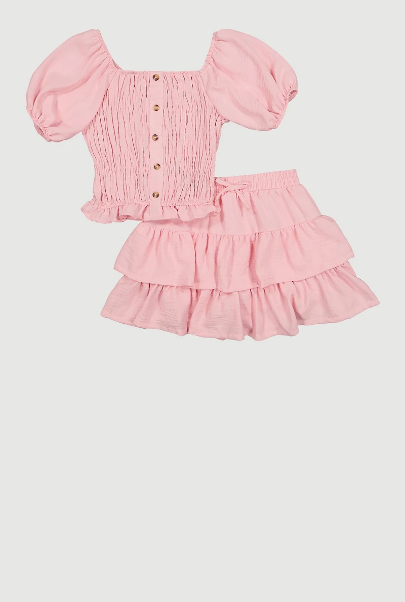 Girls Smocked Puff Sleeve Top and Ruffle Tiered Skort