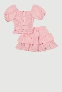 Girls Smocked Puff Sleeve Top and Ruffle Tiered Skort