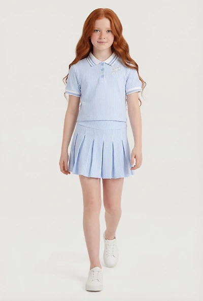 Girls Bow Graphic Striped Polo Top and Pleated Skort Set