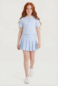 Girls Bow Graphic Striped Polo Top and Pleated Skort Set