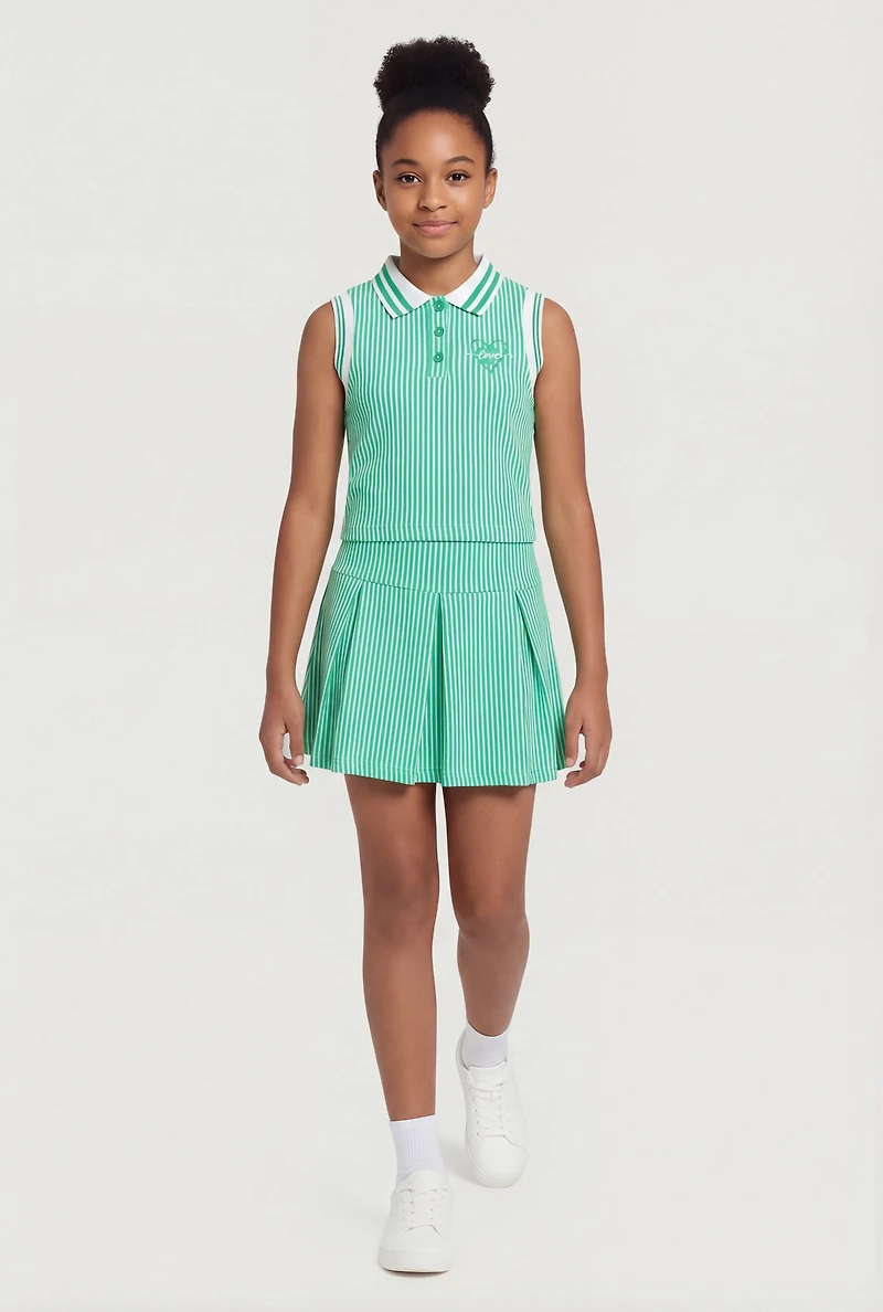 Girls Love Graphic Striped Polo Top and Pleated Skort Set