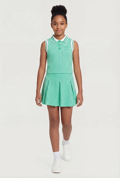 Girls Love Graphic Striped Polo Top and Pleated Skort Set