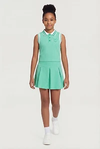 Girls Love Graphic Striped Polo Top and Pleated Skort Set