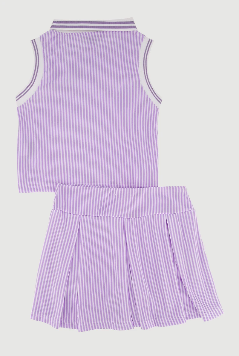 Girls Love Graphic Striped Polo Top and Pleated Skort Set