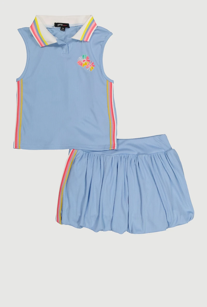 Girls Flower Graphic Polo Top and Bubble Skort Set
