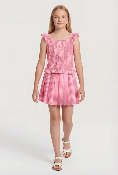 Girls Gingham Print Ruffle Trim Top and Skirt