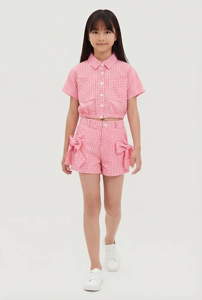 Girls Gingham Button Front Shirt and Bow Shorts