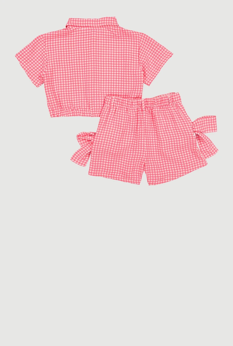 Girls Gingham Button Front Shirt and Bow Shorts