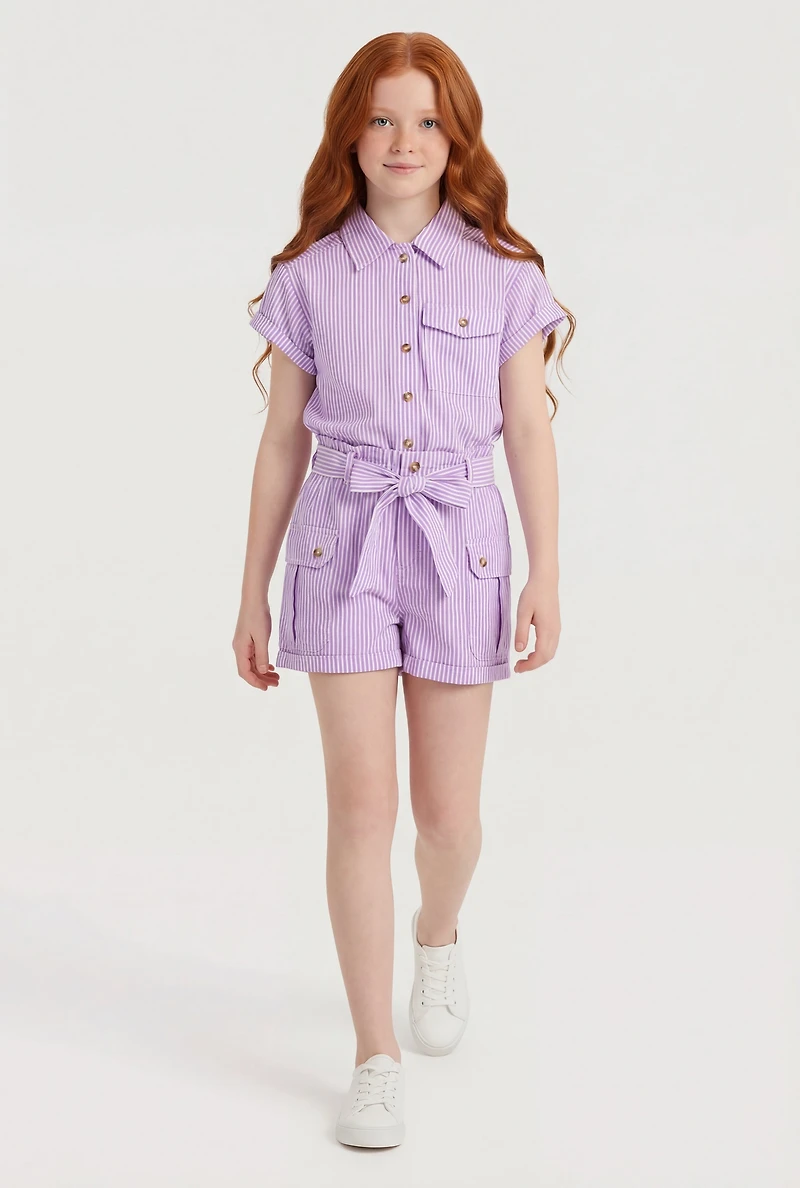 Girls Striped Button Front Shirt and Shorts with Tie Belt