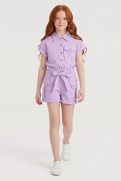 Girls Striped Button Front Shirt and Shorts with Tie Belt